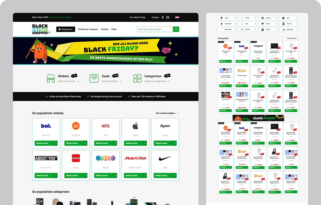 Blackfridayshoppen homepage and deals overview, showing shop logos and discounted product cards