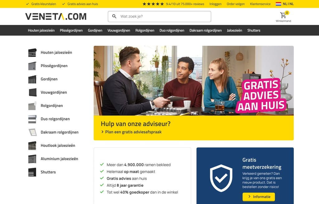 The Veneta.com storefront: product category sidebar, top navigation and the free-advice banner